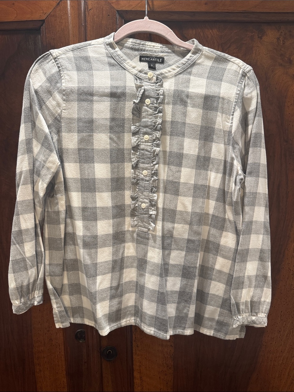 J. Crew Gray and White Plaid Ruffle Henley Top